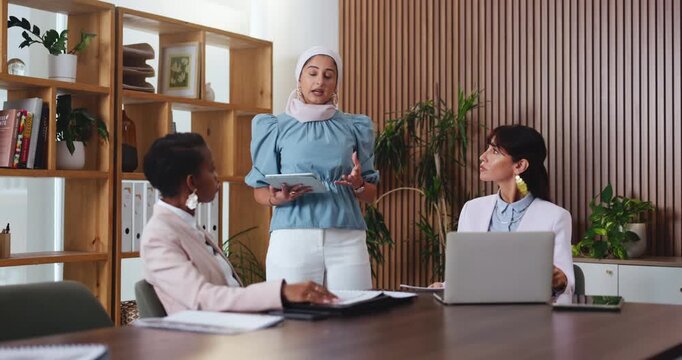 Meeting, presentation and tablet with designer woman in office boardroom for planning or update. App, pitch and proposal with design professional in creative workplace for development or vision