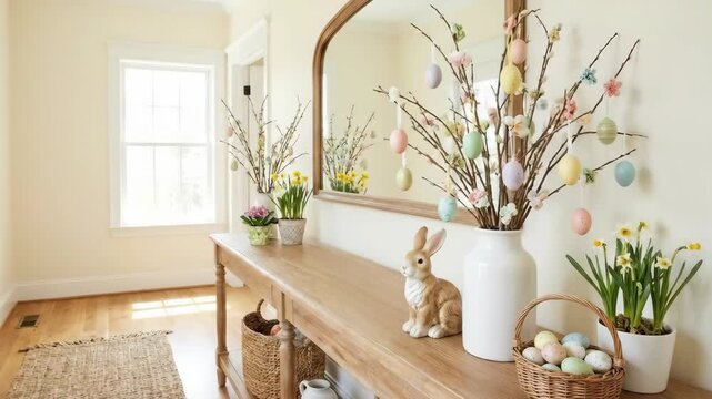 Charming entryway decorated for Easter with elegant bunny figurine, pussy willow branches, pastel eggs, and blooming spring flowers on wooden console table