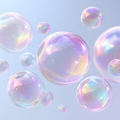 Naklejka premium Vibrant iridescent bubbles floating in mid-air on soft blue background