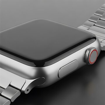 Apple smartwatch placed on a keyboard with sleek metallic band and digital crown. apple watch mockup