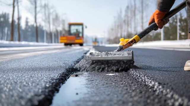 Road construction workers apply fresh asphalt on city street during winter, using specialized tools for smooth finish. Snow, machinery are visible in background, highlighting seasonal challenges