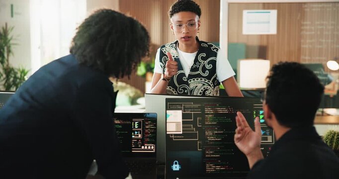 Coding, feedback or people with computer screen in office, framework script or debug test for maintenance. Talk, review algorithm or programmer team with system upgrade plan, task delegation or pc