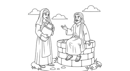 Obraz premium Spiritual Discussion Between Ancient Man and Woman at a Well Line Art for Kids Religious Education and Coloring