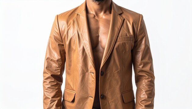Leather Jacket Dapper: A shirtless man showcasing his muscular physique while wearing a stylish brown leather blazer, exuding confidence and modern fashion.