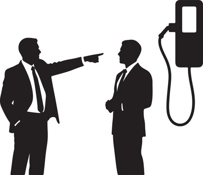Businessman points accusingly at another man near an electric car charging station.