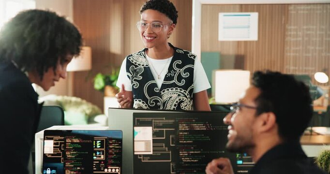 Coding, speaking or people with computer screen in office, framework script or debug test for maintenance. Talking, review algorithm or programmer team with software upgrade planning, smile or pc