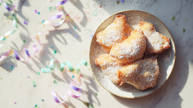 Plate of traditional fried pastries, dusted with powdered sugar, capturing a festive and celebratory event