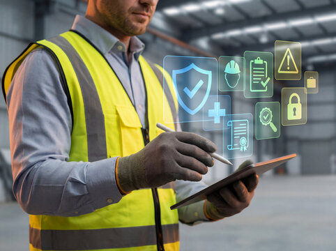 Man in safety vest using digital tablet for workplace safety management, displaying holographic icons for health, compliance, and security in an industrial environment.