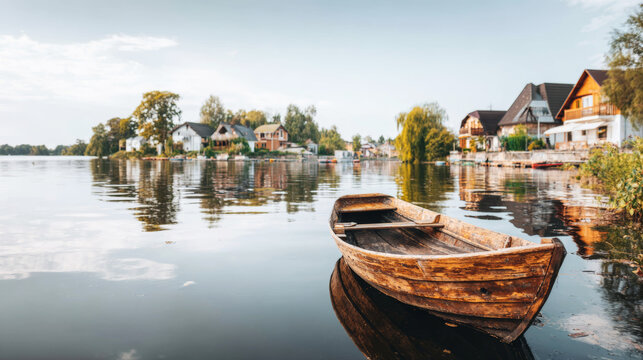 Wooden boat resting on tranquil water, reflecting a charming village with residential houses and natural surroundings