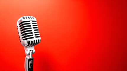 Vintage silver microphone with classic design on stand, capturing sound against a vibrant red background
