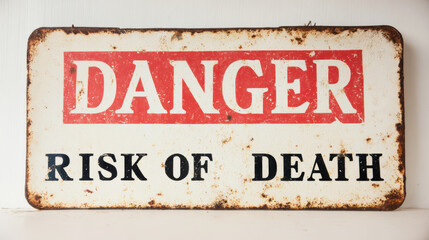 Naklejka premium Old, distressed metal warning sign with DANGER in red and RISK OF DEATH in black, showing aged texture