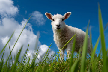 Obraz premium A lamb looks down from a grassy field under a bright sky