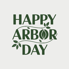 Fototapeta premium Minimalist Happy Arbor Day Green Text Poster with Leaf Decorations
