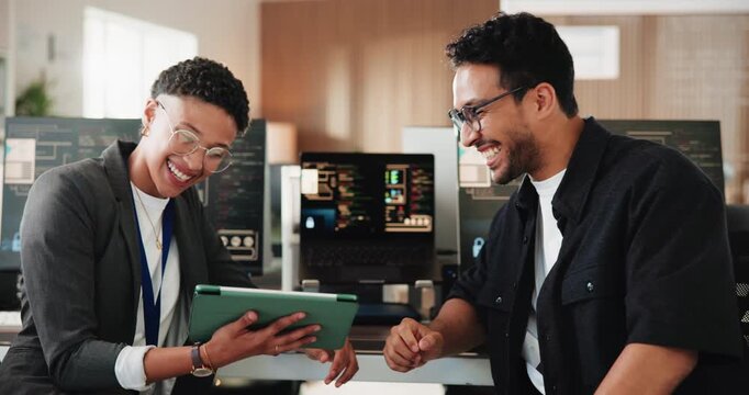 Happy, business people or fist bump with tablet for programming, good news or app success. Man, woman or coding with technology or smile for teamwork, cybersecurity or winning together in workplace