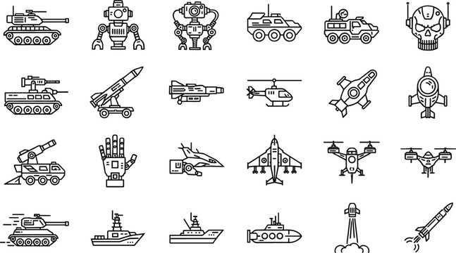 Military weapons and vehicles line icon set including tanks robots missiles drones aircraft ships submarines black outline vector illustration
