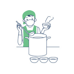 大きな鍋から料理をよそう女性