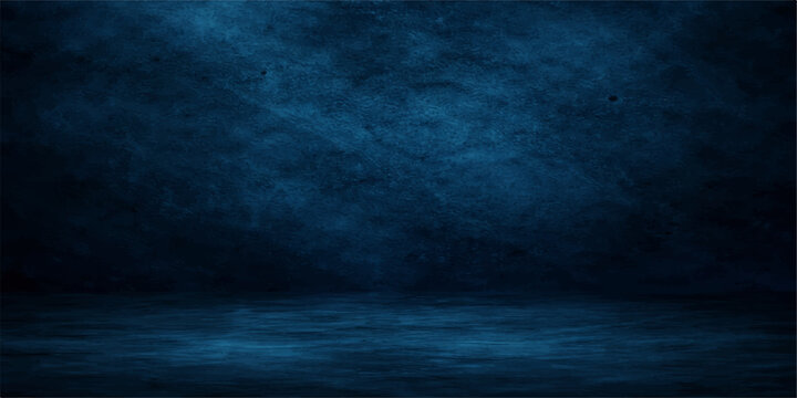 A dark blue grunge background captures a stormy night sky where moonlight pierces through thick clouds and fog over a motion-filled ocean wave