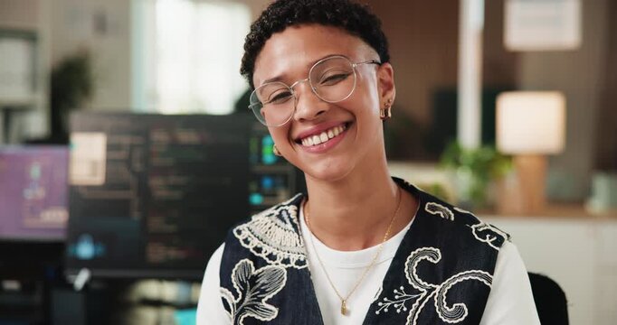 Happy, professional and face of businesswoman in office with confidence for coding career. Laugh, opportunity and portrait of female web developer with pride for programming job development at agency