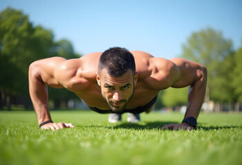 A fit man is engaged in push-ups on a lush green lawn in a sunny park. His focused expression and toned physique highlight the dedication to fitness and outdoor exercise.