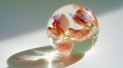 Beautiful orchid petals frozen in a translucent resin sphere, capturing the elegance of nature and artistic craftsmanship.
