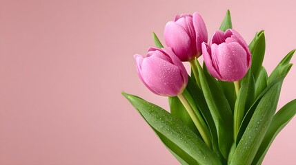 Fototapeta premium Fresh pink tulips stand against a plain background ready for Womens Day