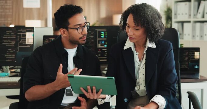 Tablet, coding and business people in office with meeting for website development project. Digital technology, discussion and team of coders with programming for software update at startup agency.