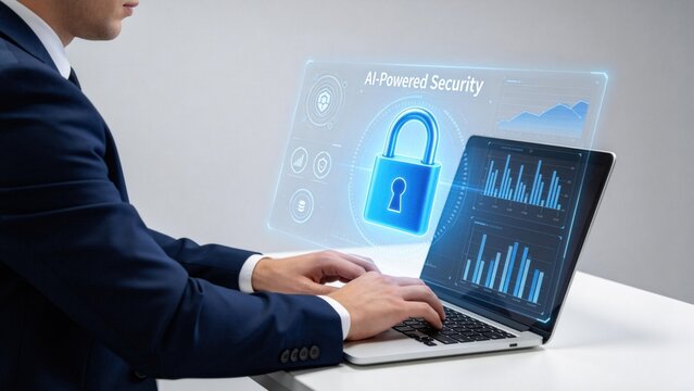AI powered security dashboard with digital padlock hologram on laptop,cybersecurity analytics,data protection and network monitoring concept for enterprise business
