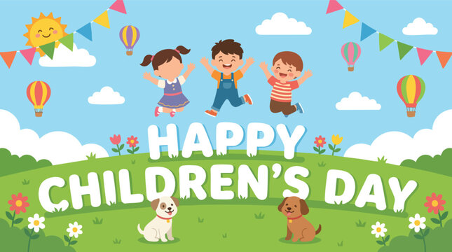 Happy Childrens Day Celebration with Kids and Pets.