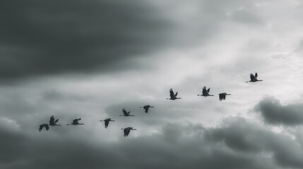 Fototapeta premium Common cranes flying in cloudy sky. Birds migrating in formation, an animal group travel concept for ornithology research.