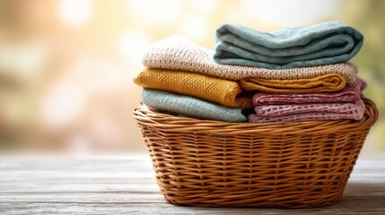 Obraz premium Stack of clean, folded laundry in a wicker basket, on a wooden surface with a soft light. Household chores and comfortable living concept.