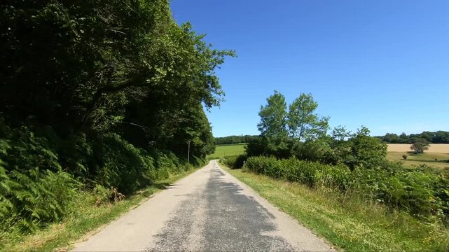 Scenic rural road winding through lush green countryside in the Morvan region on a clear summer day. Trees and hedges border the quiet asphalt road beneath a vibrant blue sky.