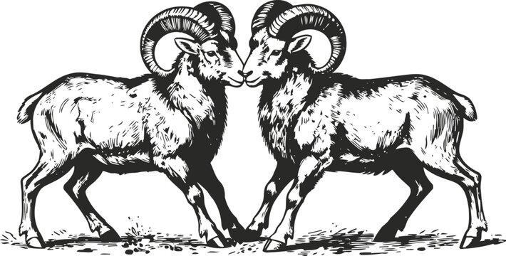 Two rams butting heads, detailed black and white illustration of fighting mountain goats with large curved horns