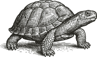 Fototapeta premium Detailed black and white engraving of a tortoise walking on ground with textured shell and scaly skin