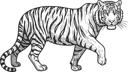 Fototapeta premium hand drawn tiger walking wildlife illustration with detailed stripes and confident posture