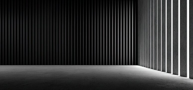 A stark, modern interior design. Dark vertical slats create shadows while bright slats allow light to flood the scene