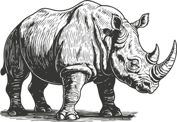 Obraz premium Detailed black and white illustration of a rhinoceros standing, wild animal with textured skin and prominent horn