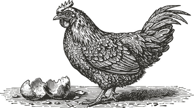 detailed vintage illustration of a hen standing next to broken eggshells on the ground
