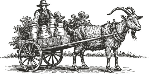 Fototapeta premium Goat pulling cart with milk cans vintage illustration traditional farming animal transportation scene