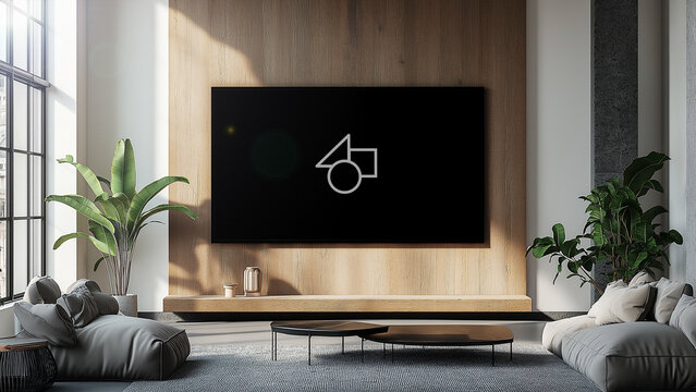 Home Wooden Interior TV Mockup 1 &ndash; Modern Living Room Television Screen Display, Cozy Wood Texture Design, Realistic Smart TV Branding Presentation Template