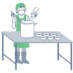 大きな鍋から料理をよそう女性