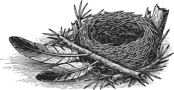 Vintage bird nest with feathers illustration detailed hand drawn empty woven nest resting on pine branches