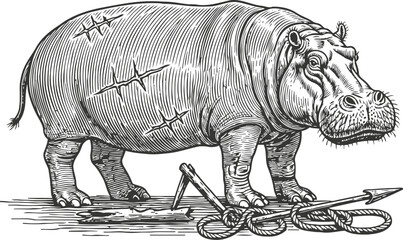 Fototapeta premium Vintage hippopotamus illustration standing next to a spear and rope trap, hand drawn animal sketch