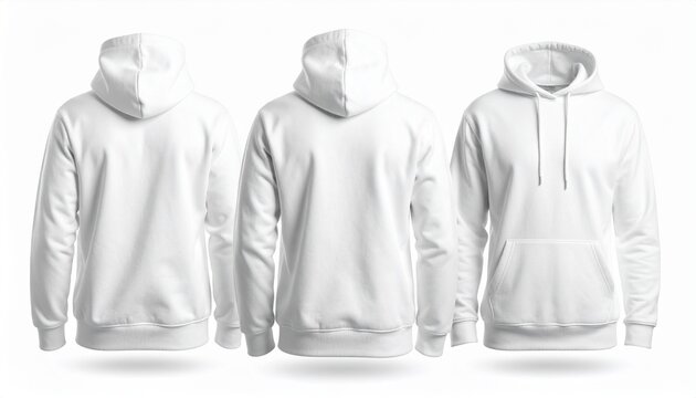 Blank Hoodie Fashion Apparel: Three different views of a clean, blank white hoodie with a hood and pocket, showcasing apparel for fashion and design with the blank space for customizing designs.