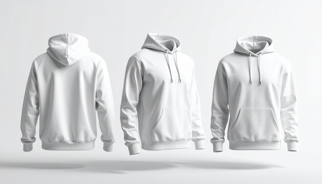 Cozy Comfort: A trio of pristine white hoodies, each displaying a unique perspective, embodying versatility and comfort. The classic design and clean presentation make this image ideal for fashion.