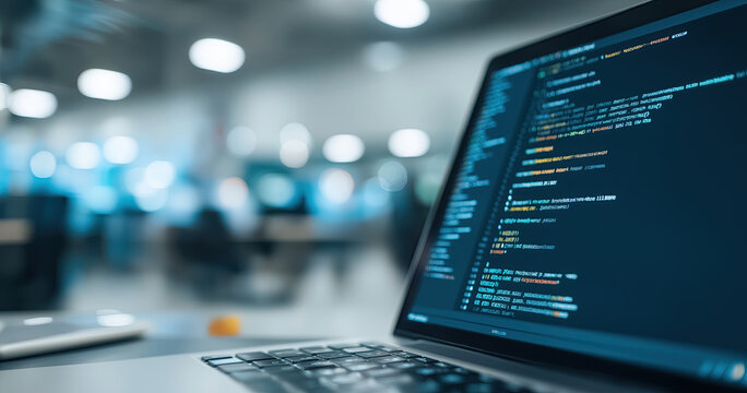 Open laptop displays colorful programming code in a softly blurred modern bright office environment.
