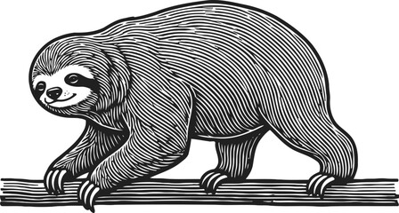 Fototapeta premium sloth climbing on tree branch detailed hand drawn engraving illustration of slow animal