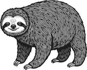 Fototapeta premium Detailed black and white illustration of a smiling sloth with textured fur and claws