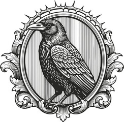 Fototapeta premium Intricate black raven illustration in ornate vintage frame with detailed feather and line art engraving