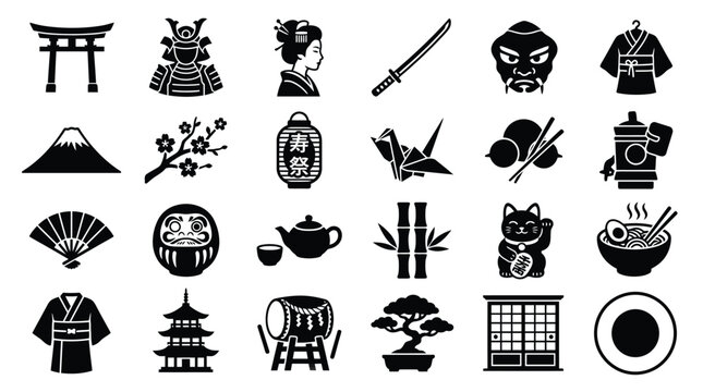 A collection of black and white Japanese cultural icons, including traditional clothing, samurai armor, and iconic landmarks.