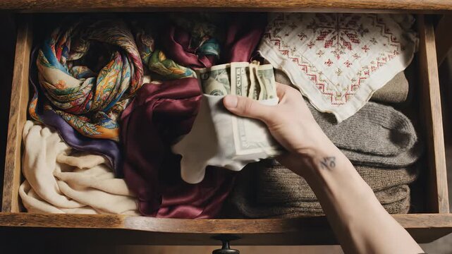 Hands delicately sift through a cozy wooden drawer filled with vibrant scarves, soft fabrics, and charming vintage money, revealing a treasure trove of textures and history.